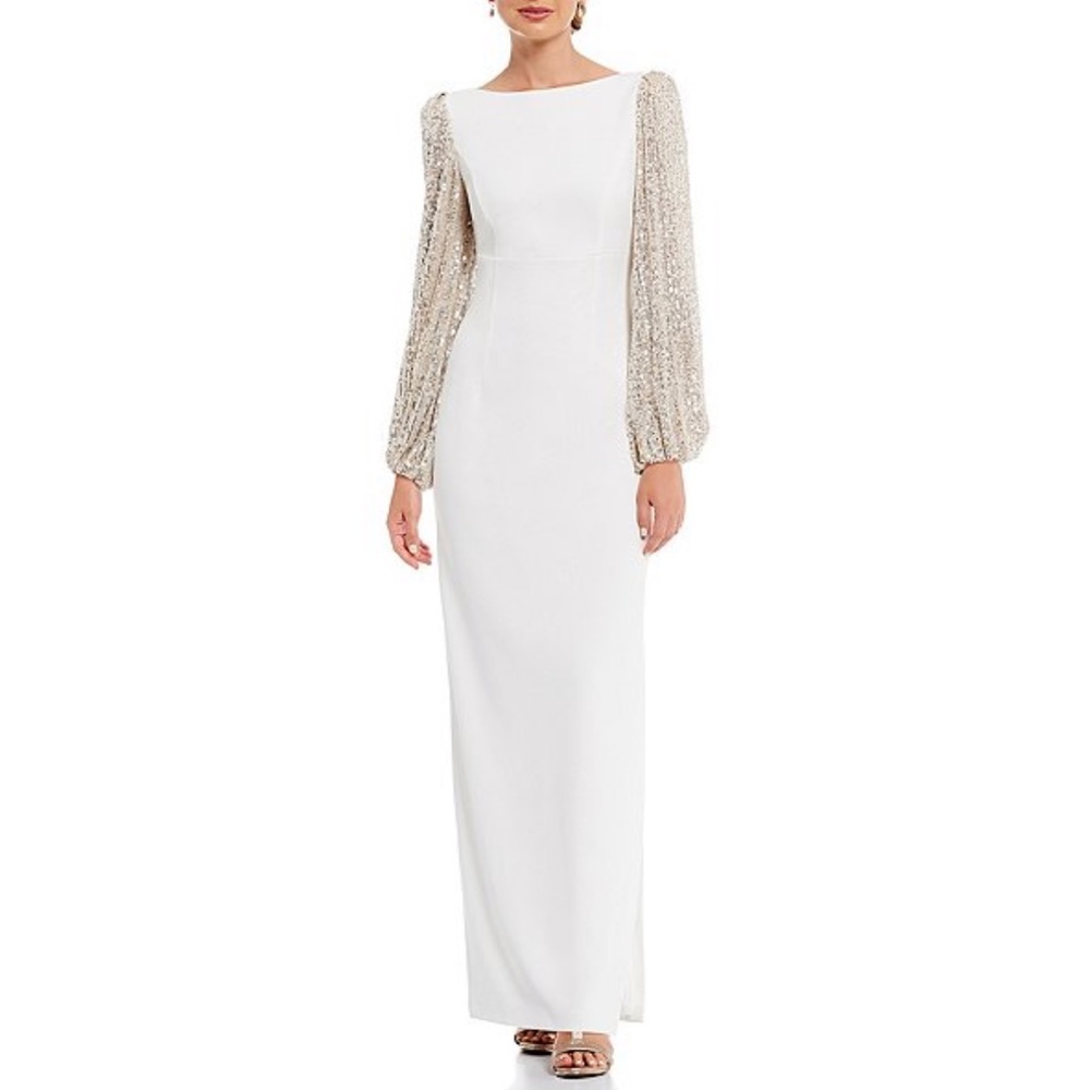 NWT {Eliza J} Sequin Balloon Sleeve Crepe Gown - Picture 2 of 10